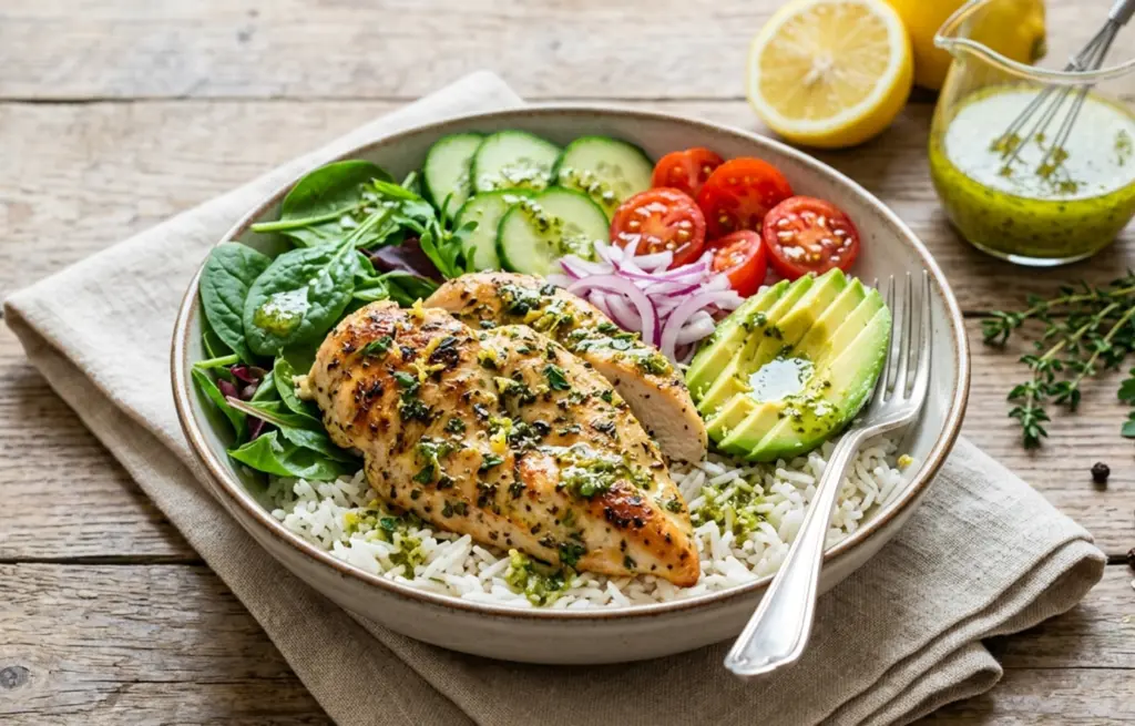 Herb chicken lemon bowl made with Zorabian Boneless Chicken Breast on basmati rice with baby spinach, cucumber, cherry tomatoes, red onion and avocado, drizzled with a lemon herb dressing