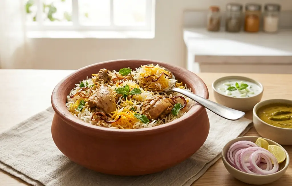 Hyderabadi Chicken Dum Biryani made with Zorabian Chicken Curry Cut and aged basmati rice with saffron, fried onions and fresh mint in a terracotta handi, served with raita, mirchi ka salan and sliced onion