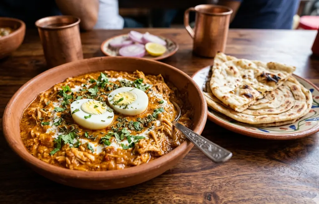Kolkata-style Chicken Bharta made with shredded Zorabian Boneless Chicken in a spiced creamy gravy with halved boiled eggs, kasuri methi and fresh coriander in a terracotta bowl, served with lachha paratha
