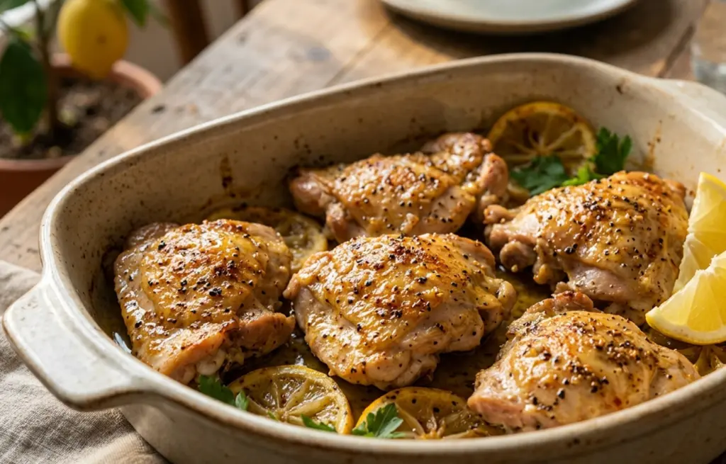 Oven-baked lemon pepper chicken made with Zorabian Chicken Leg Boneless in a rustic ceramic baking dish with roasted lemon slices, cracked black pepper and fresh parsley