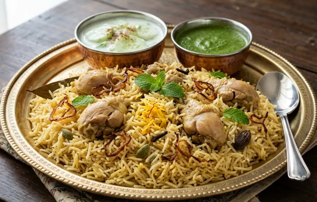 Lucknowi Chicken Yakhni Pulao made with Zorabian Chicken Curry Cut and long-grain basmati rice on a brass thali, garnished with saffron, fried onions and fresh mint, served with cucumber raita and mint chutney