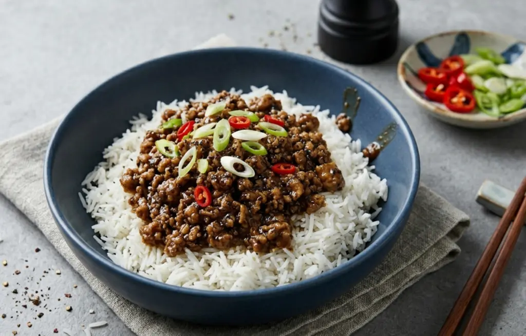Black pepper chicken made with Chicken Mince in a glossy dark soy and black pepper sauce served over steamed rice in a blue bowl, garnished with spring onions and fresh red chilli