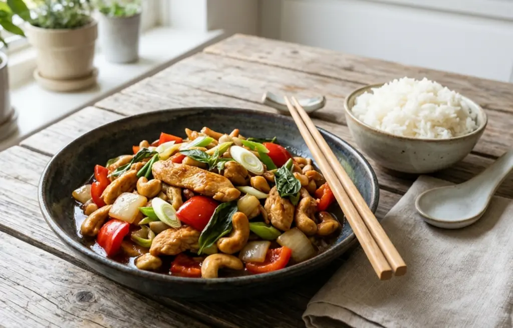 Cashew Chicken Stir Fry made with Boneless Chicken Breast strips in a glossy soy sauce with roasted cashews, red bell pepper, spring onion and Thai basil, served with steamed jasmine rice