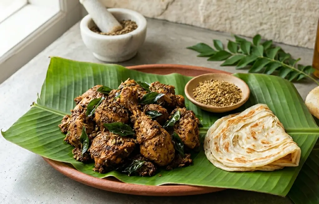 Chennai Pepper Chicken Roast made with Chicken Curry Cut in a thick dry-roasted black pepper and curry leaf masala on a banana leaf, served with parotta and steamed rice