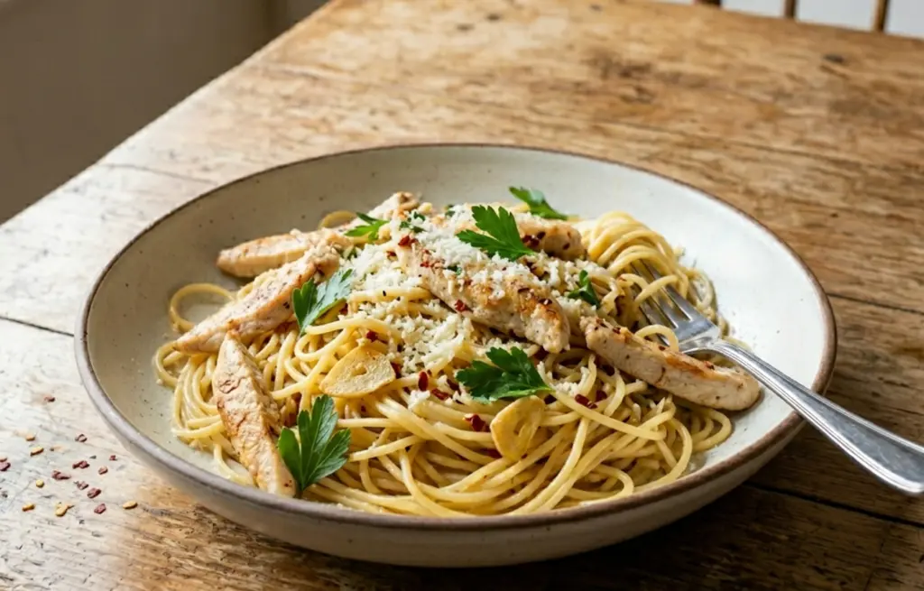 Chicken Aglio e Olio made with Zorabian Boneless Chicken Breast strips tossed with spaghetti in golden garlic oil, red chilli flakes, fresh parsley and grated Parmesan in a speckled ceramic bowl