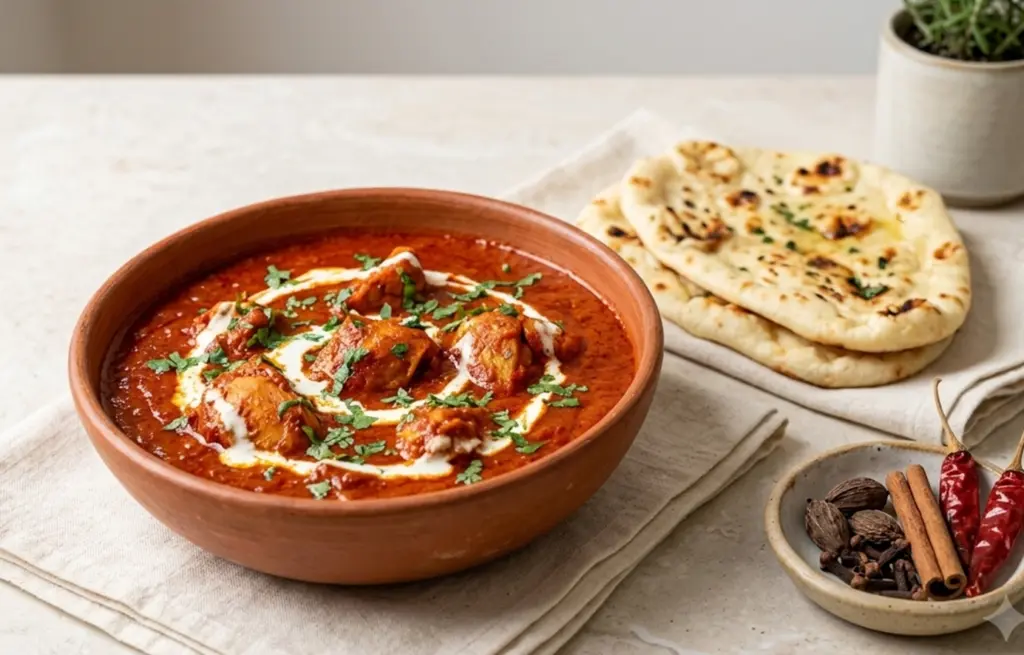 Chicken Angara made with Boneless Chicken Breast in a rich Kashmiri red chilli and tomato gravy with a cream swirl and fresh coriander in a terracotta bowl, served with butter naan and whole spices