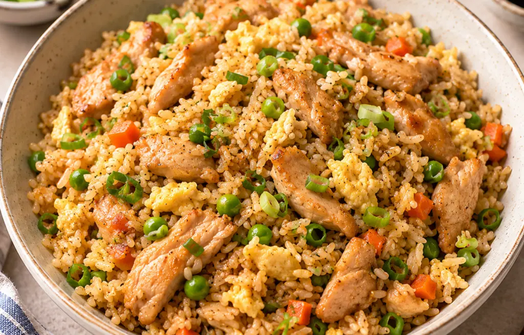 Chicken and egg fried rice made with Boneless Chicken strips, scrambled egg, green peas, diced carrots and spring onion in a speckled ceramic bowl with soy sauce on the side
