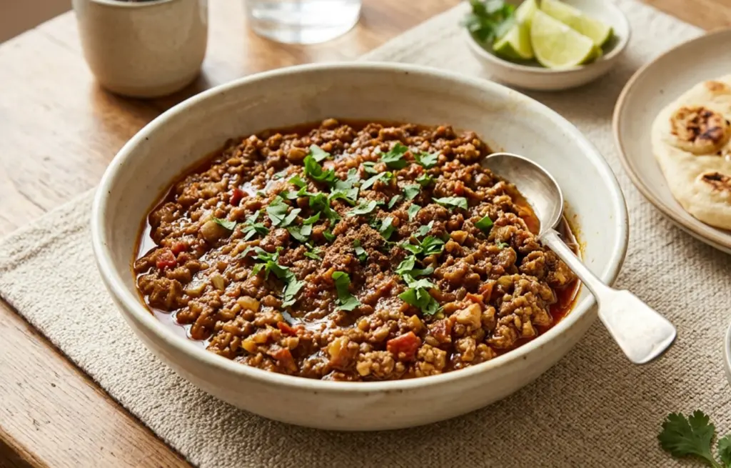 Chicken Keema Masala made with Chicken Mince in a rich spiced onion and tomato masala with fresh coriander, served with warm naan and lime wedges