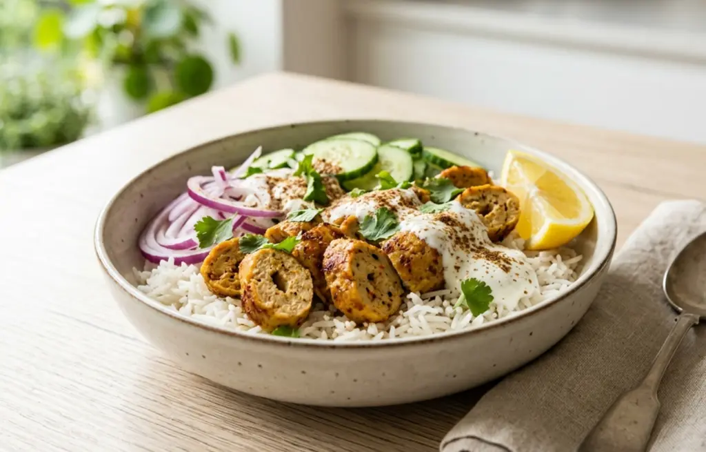 Chicken Seekh Kebab Rice Bowl made with Ready-To-Cook Chicken Seekh Kebabs sliced over steamed basmati rice with yoghurt raita, sliced red onion, cucumber, fresh coriander and a lemon wedge