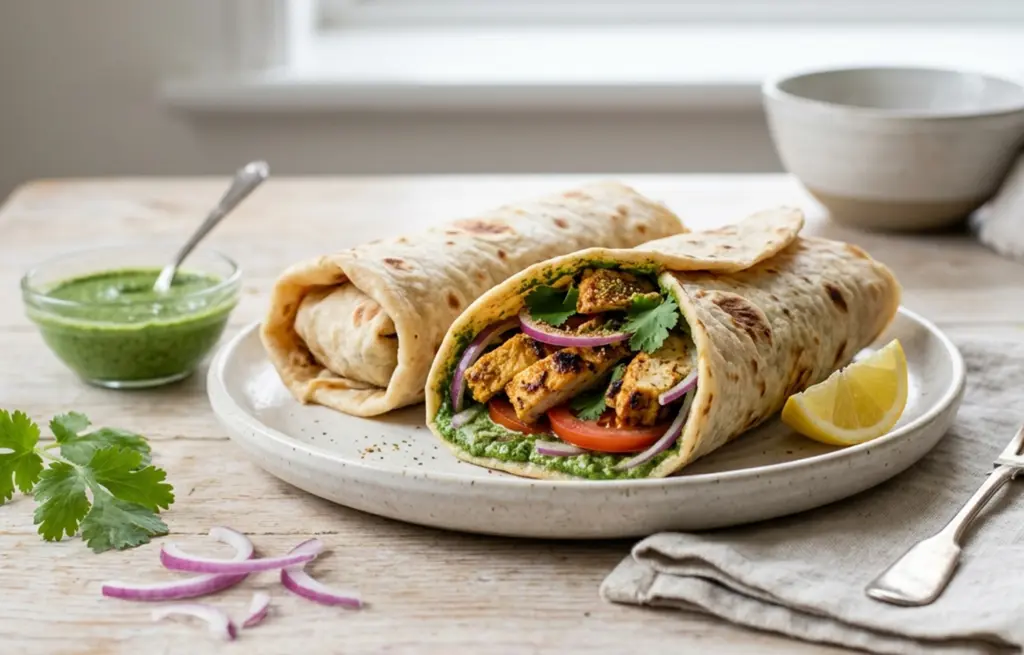 Chicken Tikka Wrap made with Boneless Tandoori Chicken Tikka in a flatbread with green chutney, sliced red onion, tomato and fresh coriander, served with a lemon wedge