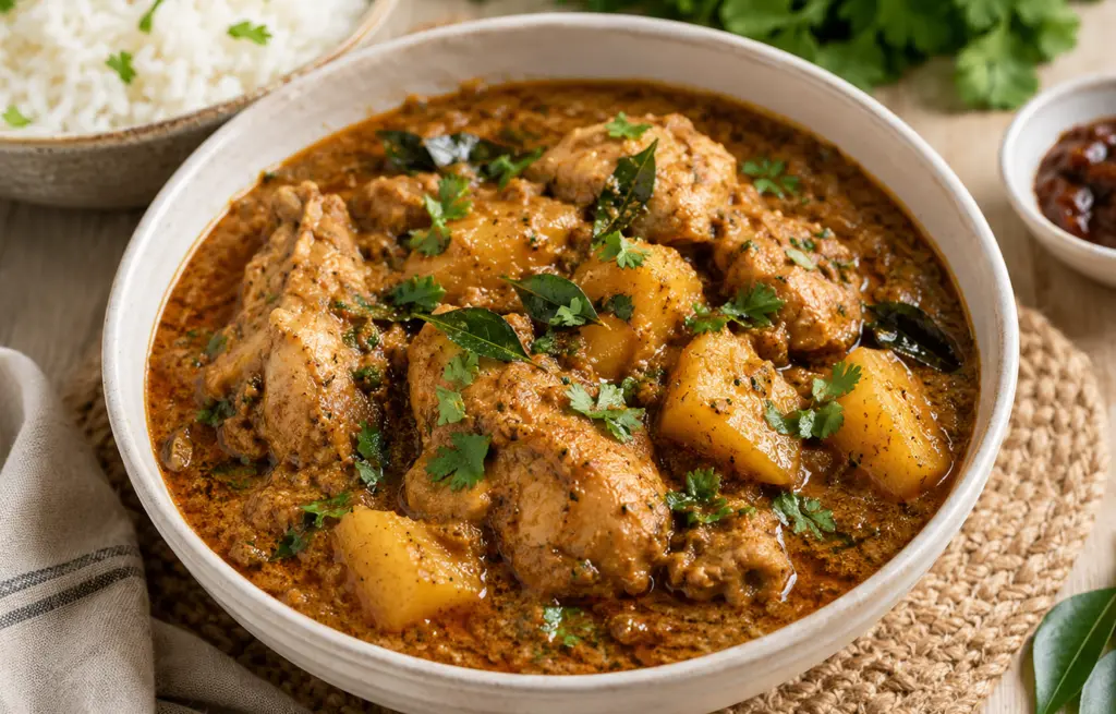 East Indian Chicken Khudi made with Zorabian Chicken Curry Cut in a thick roasted coconut and Bottle Masala gravy with potato cubes, curry leaves and fresh coriander, served with steamed white rice