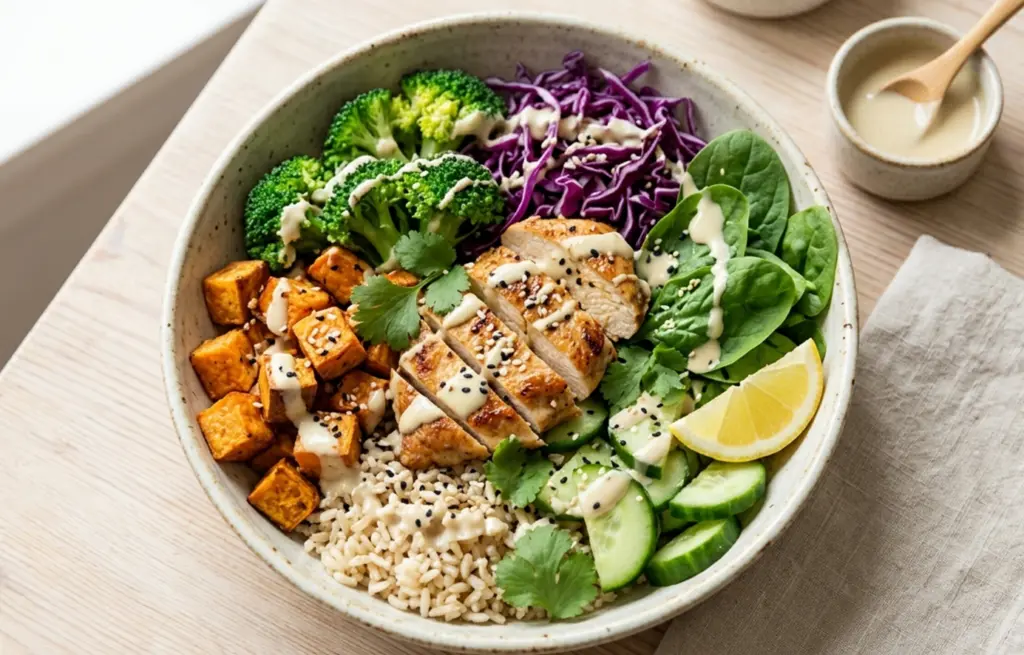 Chicken Buddha Bowl made with Boneless Chicken Breast over brown rice with roasted sweet potato, steamed broccoli, red cabbage, baby spinach, cucumber and a tahini lemon dressing