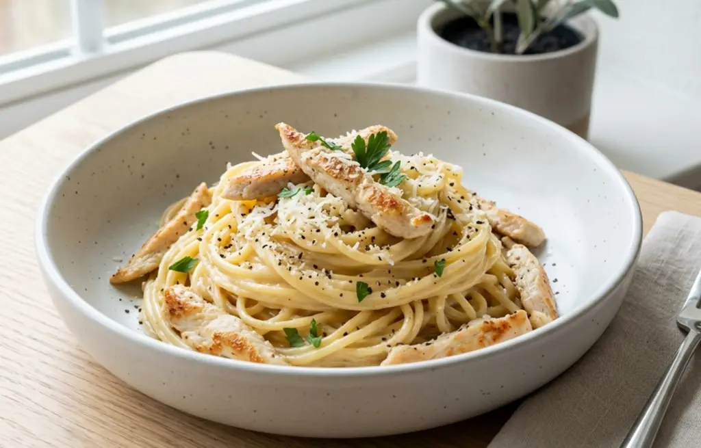 Chicken Carbonara made with Boneless Chicken Breast strips over spaghetti in a silky egg and Pecorino sauce with freshly cracked black pepper and fresh parsley