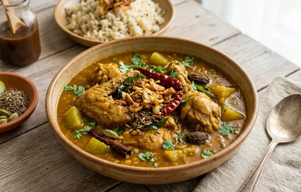 Hyderabadi Chicken Dalcha made with Chicken Curry Cut and toor dal with bottle gourd, a garlic and cumin tadka and dried red chilli, served with bagara rice