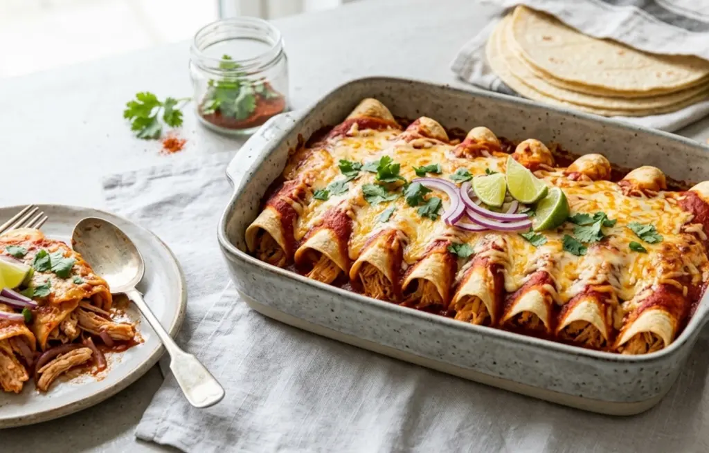 Chicken enchiladas made with Boneless Chicken Breast in a speckled ceramic baking dish smothered in homemade red enchilada sauce and melted cheese, garnished with fresh coriander, sliced red onion and lime wedges