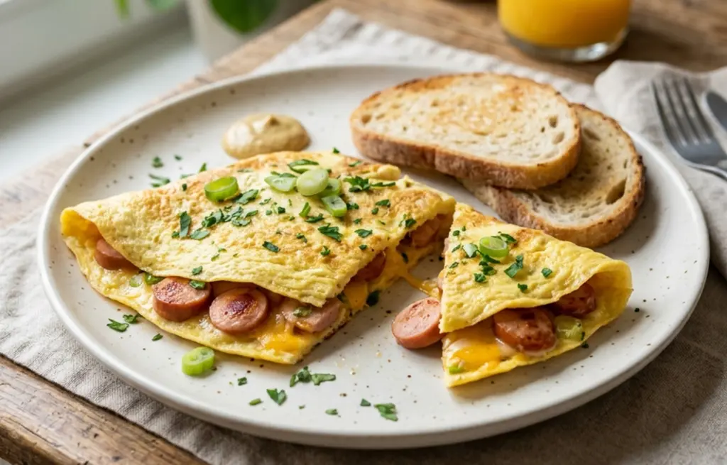 Hot dog omelette made with Chicken Frankfurter slices, melted cheese and spring onions in a golden folded egg omelette, served with toasted bread and a glass of orange juice