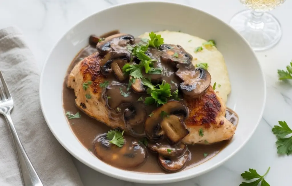 Chicken Marsala made with Boneless Chicken Breast in a glossy Marsala wine and mushroom sauce with fresh parsley, served with creamy mashed potatoes and a glass of Marsala wine