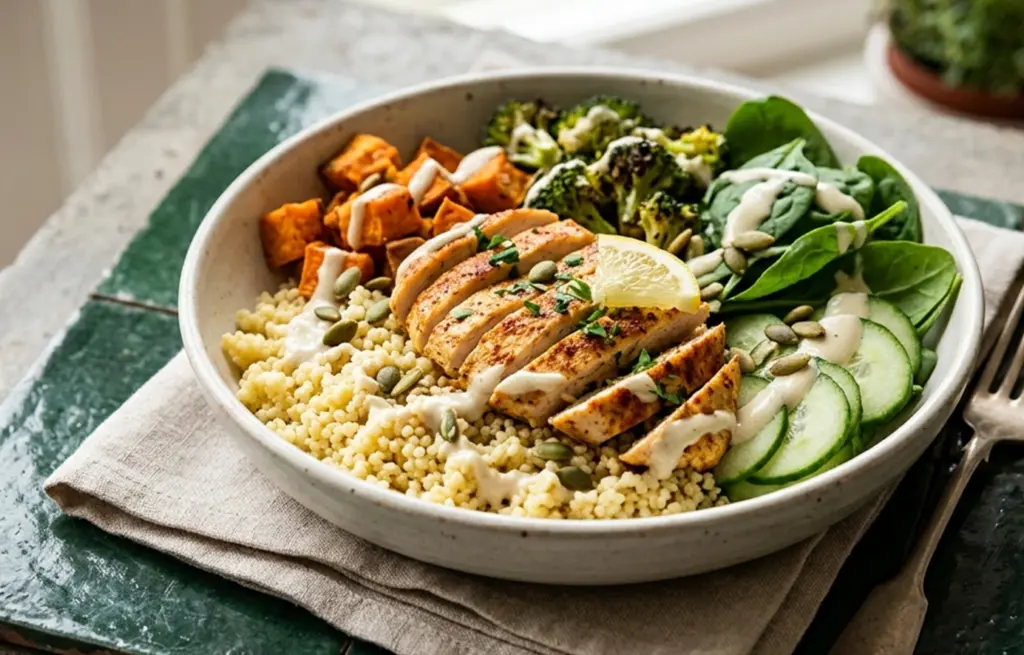 Chicken and Millet Bowl made with Boneless Chicken Breast over toasted millet with roasted sweet potato, broccoli, baby spinach, cucumber, pumpkin seeds and tahini lemon dressing