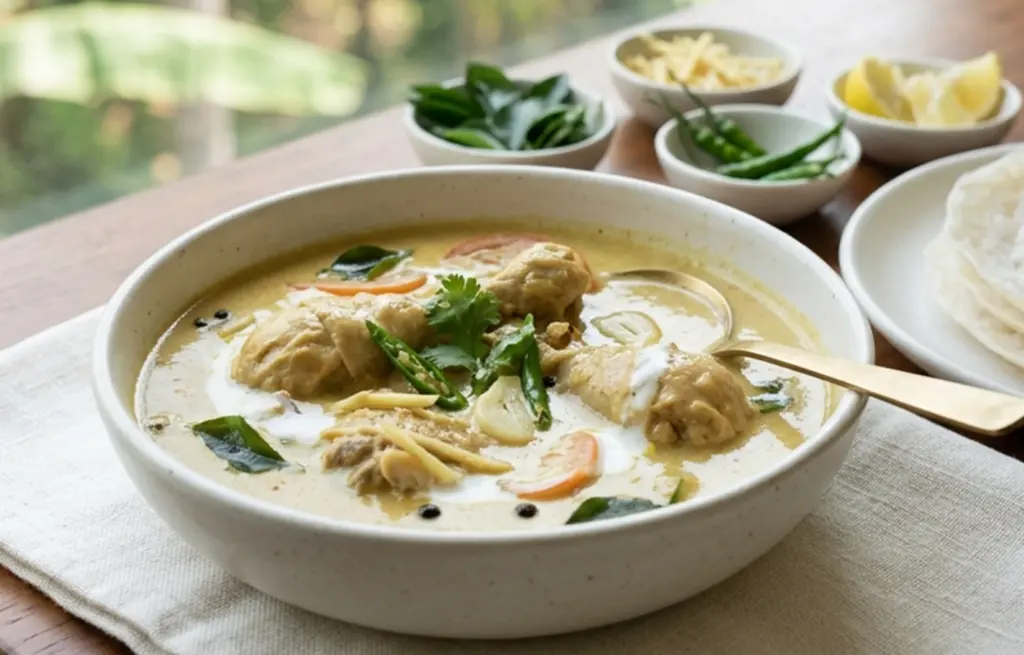 Kerala Chicken Moilee made with Chicken Curry Cut in a pale golden coconut milk gravy with green chillies, curry leaves, tomato rounds and ginger, served with appam