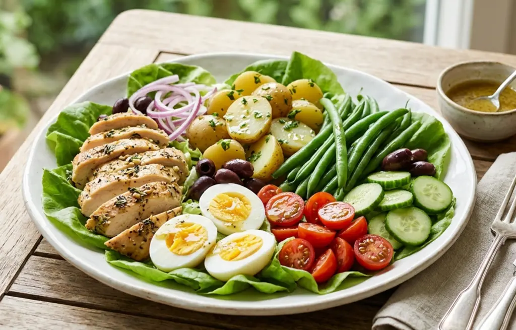 Chicken Niçoise Salad made with Boneless Chicken Breast, hard-boiled eggs, baby potatoes, green beans, cherry tomatoes, cucumber, black olives and red onion on a lettuce base with Dijon vinaigrette