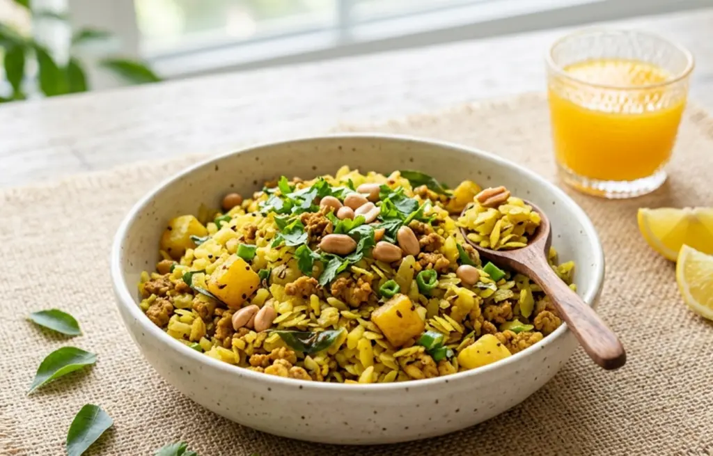 Chicken Poha made with Chicken Mince, turmeric-seasoned flattened rice, potato cubes, roasted peanuts, curry leaves and fresh coriander in a speckled ceramic bowl with lemon wedges