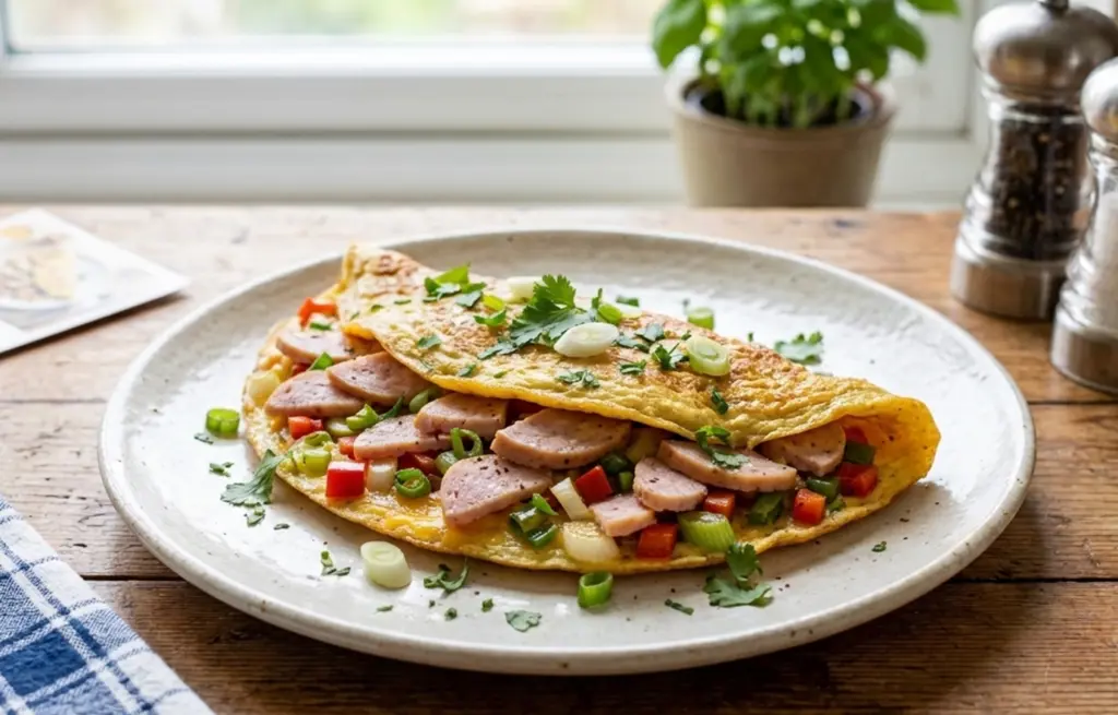 Chicken salami omelette made with Chicken N Cheese Spicy Salami, eggs, diced red bell pepper, spring onions and fresh coriander on a speckled ceramic plate