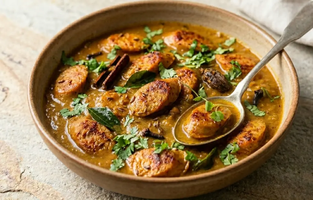 Chicken Sausage Curry made with Chicken Spicy Sausages sliced and simmered in a thick onion and tomato masala with whole spices, curry leaves and fresh coriander in a ceramic bowl