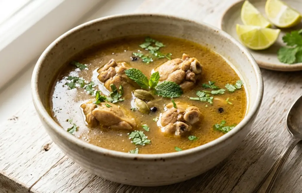 Mughlai Chicken Shorba made with Chicken Curry Cut in a fragrant spiced broth with whole cardamom, black pepper, fresh coriander and mint, served with lime wedges
