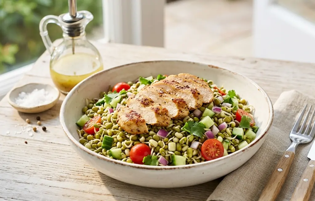 Chicken and Sprouts Salad made with Boneless Chicken Breast strips over moong sprouts with cherry tomatoes, cucumber, red onion and fresh coriander with a lemon cumin dressing