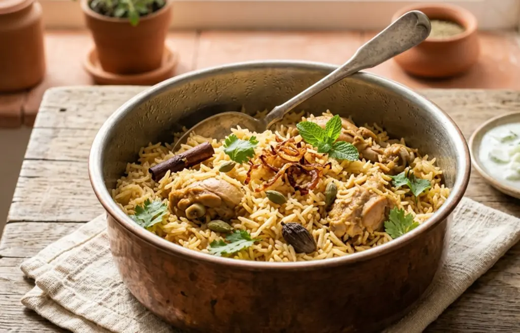 Awadhi Chicken Tehri made with Chicken Curry Cut and basmati rice in a copper handi with whole spices, fried onions, fresh coriander and mint, served with raita and sliced onion