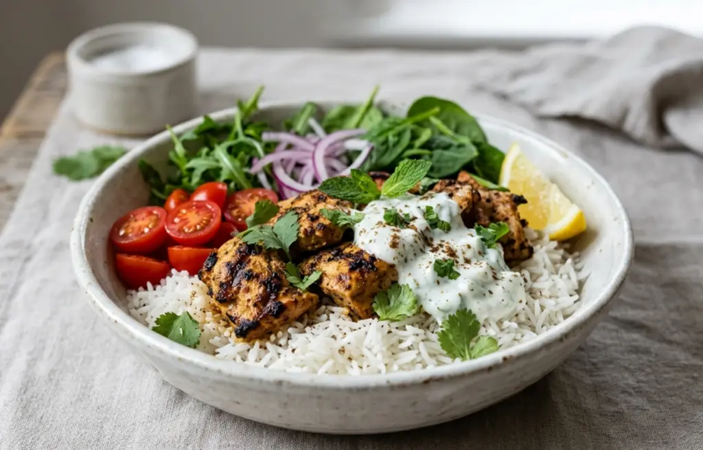 Chicken Tikka Rice Bowl made with Boneless Tandoori Chicken Tikka over steamed basmati rice with cucumber raita, cherry tomatoes, sliced red onion, fresh rocket and a lemon wedge