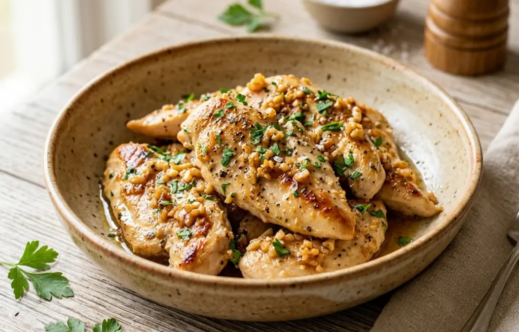 Garlic butter chicken made with Boneless Chicken Breast strips pan-seared in butter with golden minced garlic and fresh parsley in a speckled ceramic bowl