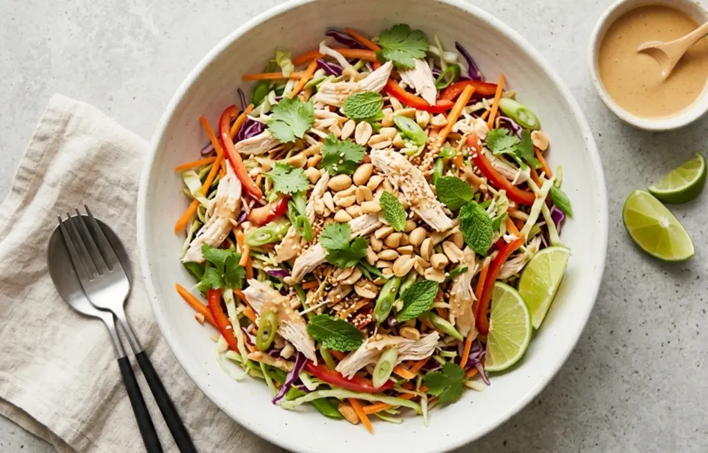 Thai chicken salad made with shredded Boneless Chicken Breast, shredded cabbage, julienned carrot, red bell pepper, fresh coriander, mint, roasted peanuts and sesame seeds with a peanut lime dressing
