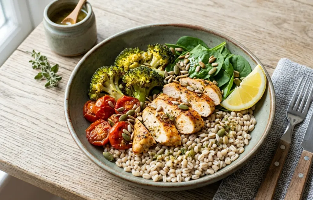Chicken and Barley Bowl made with Boneless Chicken Breast over toasted pearl barley with roasted broccoli, cherry tomatoes, baby spinach, mixed seeds and a lemon herb dressing